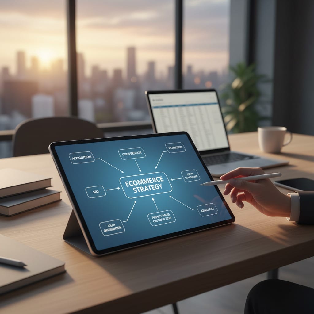 A person uses a stylus on a tablet displaying an e-commerce strategy flowchart at a desk with a laptop and city view.