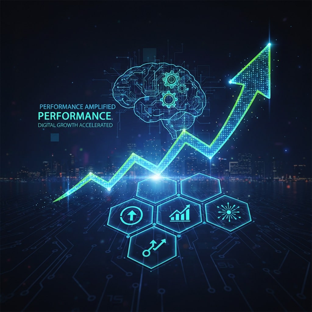 A glowing green upward trending line graph is overlaid on a futuristic digital city background featuring a circuit board brain graphic and data icons.