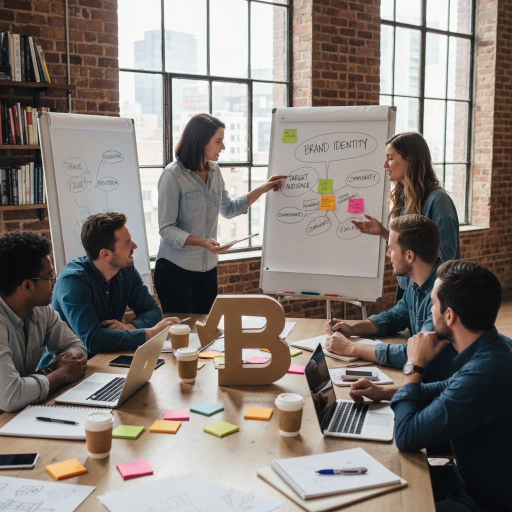 Six colleagues collaborate in a sunlit loft office, gathered around a large wooden table with laptops and a whiteboard labeled "Brand Identity."